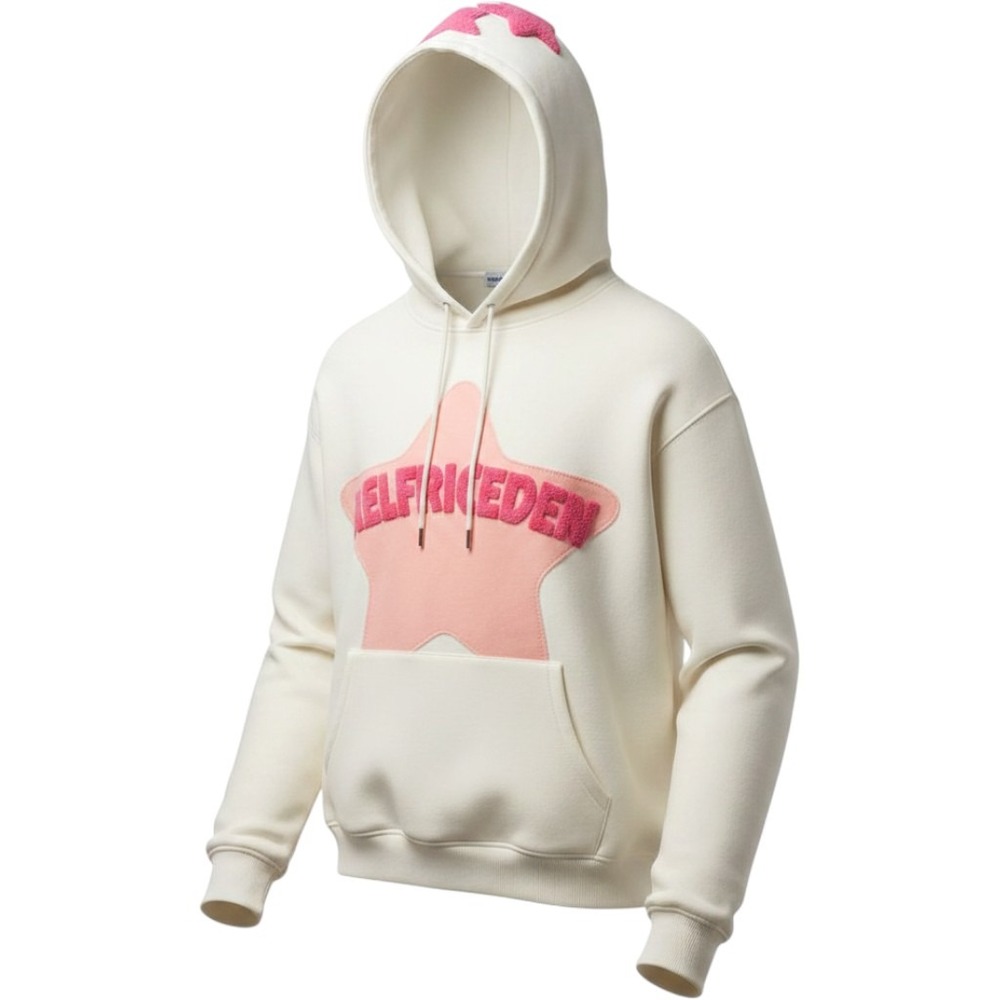 Aelfric Eden Hoodie Women Small Cream Pink Star Chenille Streetwear Excellent